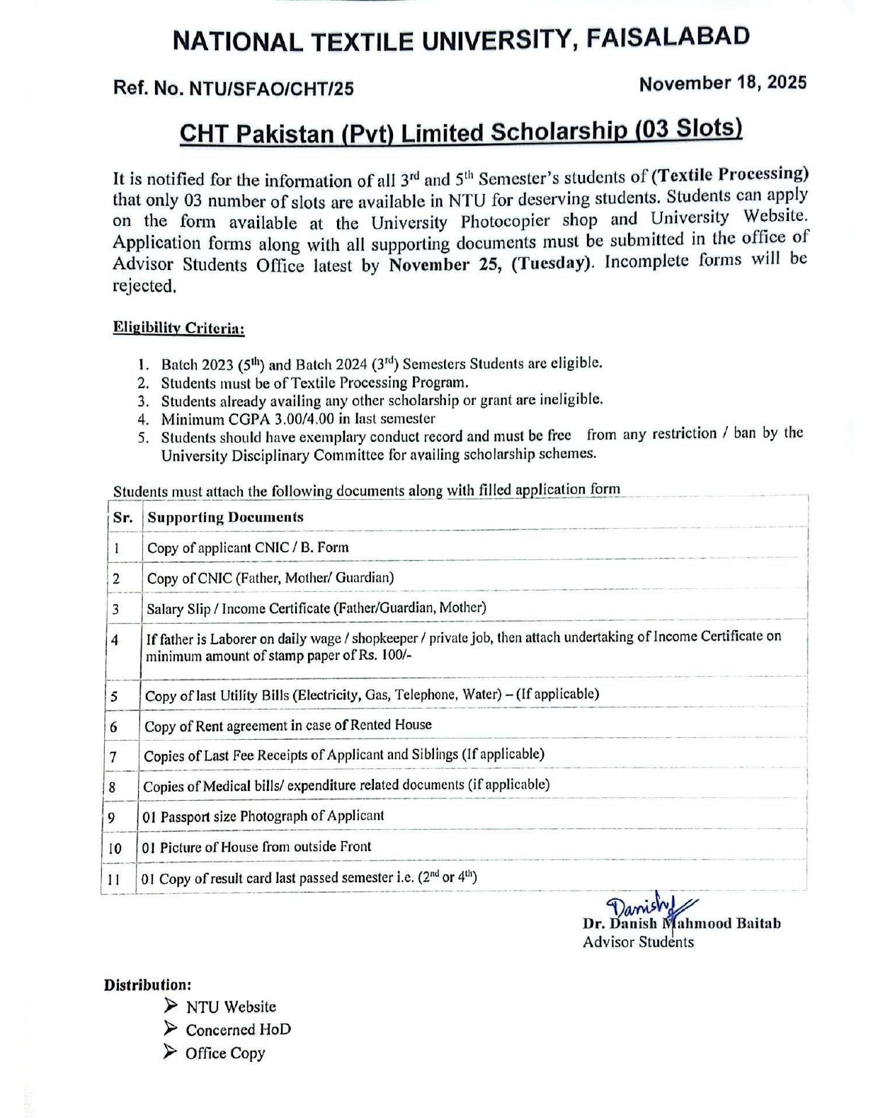 Pmt Form CHT Pakistan (Pvt) Limited Scholarships | NTU